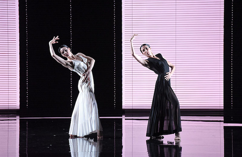 Blanca Li and Maria Alexandrova dressed in long filmy dress extend their downstage arms over the heads and bend their upper backs behind them. We see their faces as they peer out to the audience.
